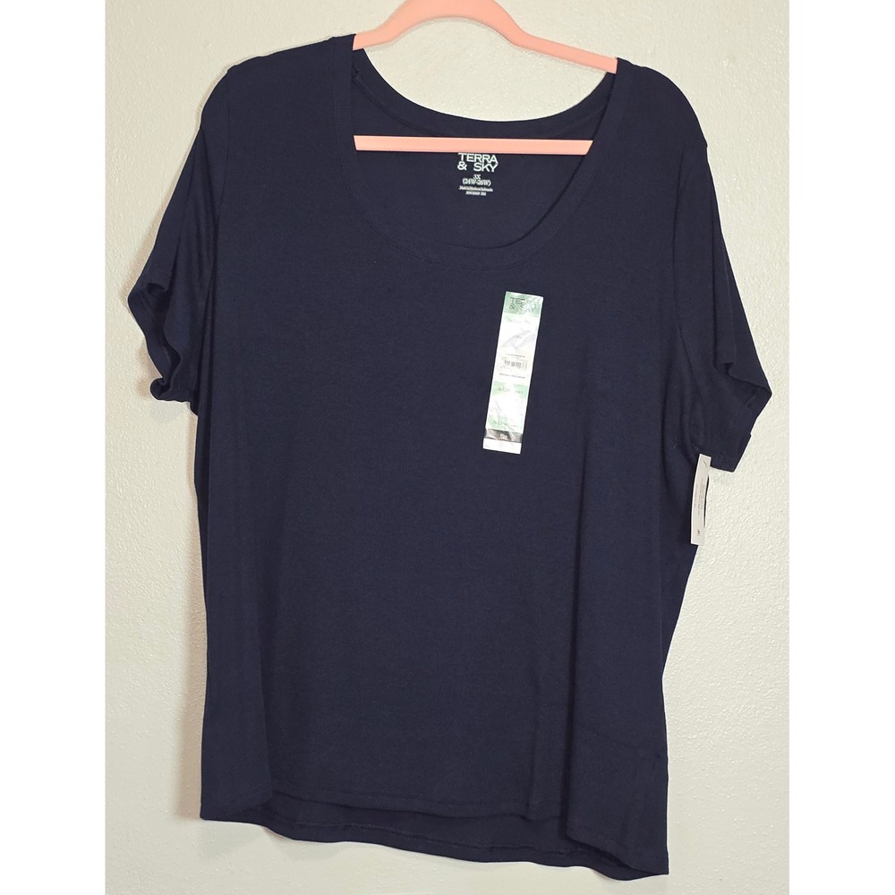 Terra & Sky Women 3X Navy Blue Ribbed Scoop Neck T-Shirt NWT Cotton Modal Blend